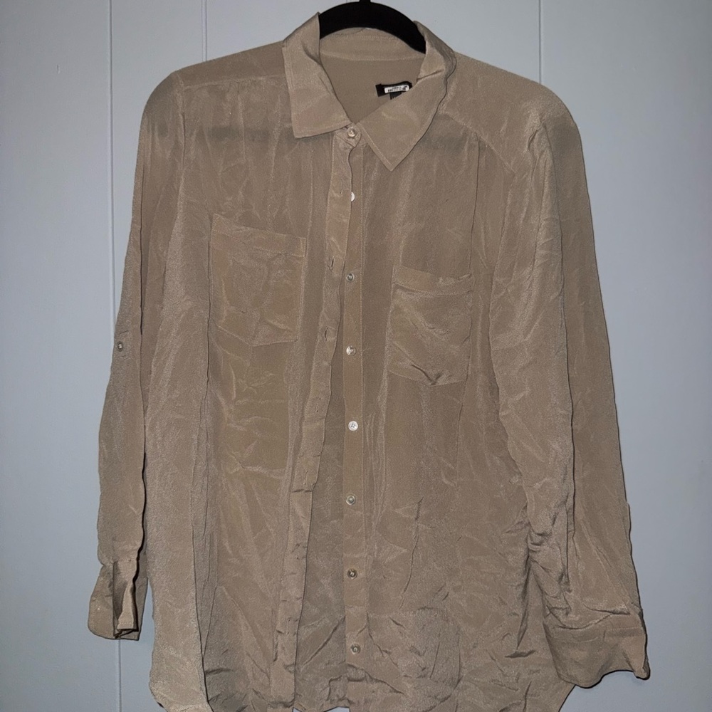 Tan Sheer Button-Up Blouse